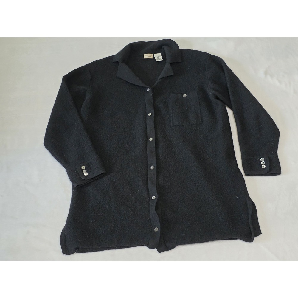 L.L.Bean Womens Medium 100% wool black button up cardigan sweater collar pocket